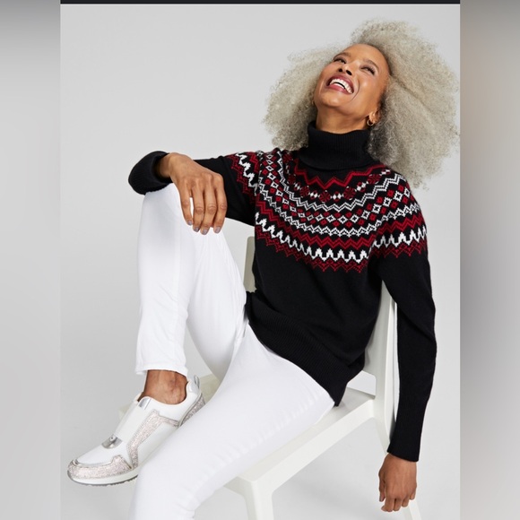 NWT Charter Club Luxury100% Cashmere Fair Isle Puff Sleeve Sweater ,Small - Picture 1 of 7